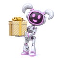 Cute pink girl robot giving gift box 3D