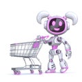 Cute pink girl robot push empty shopping cart 3D Royalty Free Stock Photo