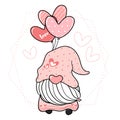 Cute pink gnome holding heart balloons