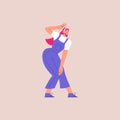 Cute pink hair girl dance to the music while listening to it with headphones. Feminine cartoon character dancing from Royalty Free Stock Photo