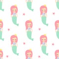 Cute pink hair mermaid girl with starfish seamless pattern on white background.