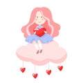 Cute pink haired girl holding a red heart and sitting on a pink cloud from which little hearts hanging down Royalty Free Stock Photo