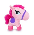 Cute pink horse plushie doll isolated on white background with shadow reflection. Playful bright pink pony on white underlay. Royalty Free Stock Photo