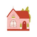 Cute pink house, home apartment in summer village or town, funny small facade of house Royalty Free Stock Photo