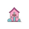 Cute pink house, home apartment in summer village or town vector illustration. Cartoon funny small facade of house Royalty Free Stock Photo