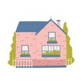 Cute pink house, home apartment in village or town, neighborhood summer funny facade Royalty Free Stock Photo