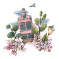 A cute, pink house with trees, a bridge, a lantern, a pigeon, clouds and apple blossoms. Watercolor illustration. Spring