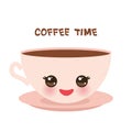 Cute pink Kawai cup, isolated on white background. Coffee time Banner template for your text, Card design. Vector