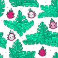 Cute pink, kawaii cartoon dragon fruit, pitaya, seamless pattern with jungle leaves