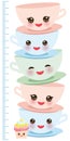 Cute pink Kawaii cup, funny cupcake isolated on white background. Children height meter wall sticker, kids measure. Vector