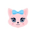Cute pink kitten face illustration with blue bow Royalty Free Stock Photo