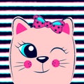 Cute pink kitten with pink bow on striped background. Girlish print with kitty for t-shirt Royalty Free Stock Photo