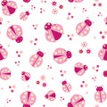 Cute pink ladybugs and flowers seamless vector pattern background. Kawaii carton ladybird characters with pretty florals Royalty Free Stock Photo