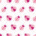 Cute pink ladybugs seamless vector pattern background. Kawaii carton ladybird characters on polka dot backdrop Royalty Free Stock Photo