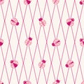 Cute pink ladybugs seamless vector pattern background. Kawaii cartoon ladybird characters grid diamond lattice backdrop