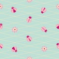 Cute pink ladybugs seamless vector pattern background. Kawaii cartoon ladybird characters grid diamond lattice backdrop