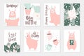Cute pink lamas hand drawn illustrations. Set of 8 cute cards