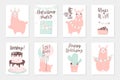 Cute pink lamas hand drawn illustrations. Set of 8 cute cards