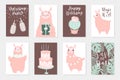 Cute pink lamas hand drawn illustrations. Set of 8 cute cards