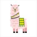 Cute pink llama isolated on white background. Cartoon vector alpaca illustration