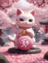 A cute pink lucky cat in a garden, with sakura flower petals falling into air, calls for love within couple symbol, cartoon