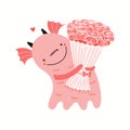 Cute pink monster holding a bouquet of roses Royalty Free Stock Photo