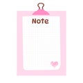 Cute pink note template for planning with clip and heart.