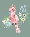 Cute pink parrot with flowers and leaves. Tropical summer background.