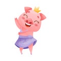 Cute Pink Pig Dancing Ballet Wearing Purple Skirt and Crown on Its Head Vector Illustration Royalty Free Stock Photo