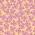 Cute pink pig on orange background seamless pttern with outlines.