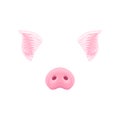 Cute pink pig s ears and nose. Funny mask of domestic farm animal. Detailed flat vector design for sticker of mobile