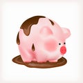 Cute pink piggy standing in a puddle of melted black chocolate. Vector illustration