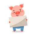 Cute pink piglet in blue pants holding a banner in hands. Vector illustration isolated on white background