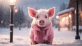 Cute pink piglet outside in the winter street