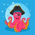 Cute Pink Pirate octopus. Vector isolated illustration. Print for T-shirt or children book