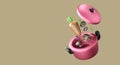 Cute pink pot and lid with vegetable or food 3d render isolate background.