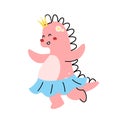 A cute pink princess dinosaur cartoon character flat vector illustration isolated on white background. Girly dino cute character