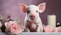 Cute pink puppy looking at camera, surrounded by flowers generated by AI