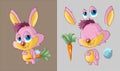 Cute pink rabbit with Carrot. Set of body parts. Cartoon character. Classic handmate vector illustration. Isolated