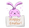 Cute pink rabbit, cartoon character holding placard with greetings.