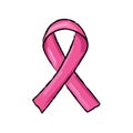 Cute pink ribbon isolated with outline for breast cancer awareness. Vector hand drawn illustration. Royalty Free Stock Photo