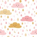 Cute pink seamless pattern background smile clouds rainy drops little girls baby wallpaper Royalty Free Stock Photo