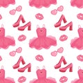 Cute pink seamless pattern with Barbiecore wardrobe clothes, shoes, dress, glasses. Print for girls.