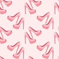 Cute pink seamless pattern with high heel shoes stiletto. Background, print for girls.