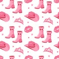 Cute pink seamless pattern with princess Barbie wardrobe details, crown, shoes, cowboy hat, kiss. Beautiful girlish wallpaper. Royalty Free Stock Photo