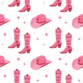 Cute pink seamless pattern with princess Barbie wardrobe details, crown, shoes, cowboy hat, kiss. Beautiful girlish wallpaper.