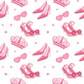 Cute pink seamless pattern with princess Barbie wardrobe details, crown, shoes, cowboy hat, kiss. Beautiful girlish wallpaper. Royalty Free Stock Photo