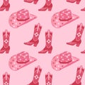 Cute pink seamless pattern with retro cowgirl hats and cowboy boots. Background, print for girls. Royalty Free Stock Photo