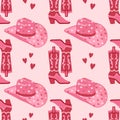 Cute pink seamless pattern with retro cowgirl hats and cowboy boots. Background, print for girls. Royalty Free Stock Photo