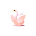 Cute pink swan with a ribbon around the neck. Raster illustration in the flat cartoon style